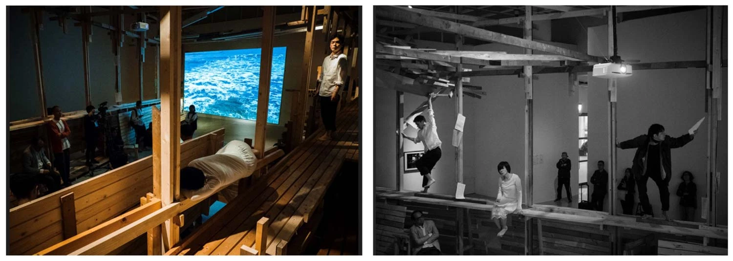 「2018 台灣美術雙年展：野根莖」參展者陳宣誠呼應1987年劇場事件的空間《拾月》，展出中的表演計畫《在廢墟拾月搜尋失落文本的聲音裝置（與片段的行動）》由黎煥雄策劃，2018.12； 黎煥雄提供、許斌攝影-圖片