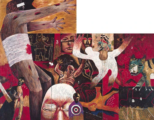 吳天章，《傷害世界症候群》，1986，油彩、畫布，219.6×390cm、86×195cm，台北市立美術館收藏；作品參加「1986中華民國現代美術新展望」獲新展望獎　©台北市立美術館-圖片
