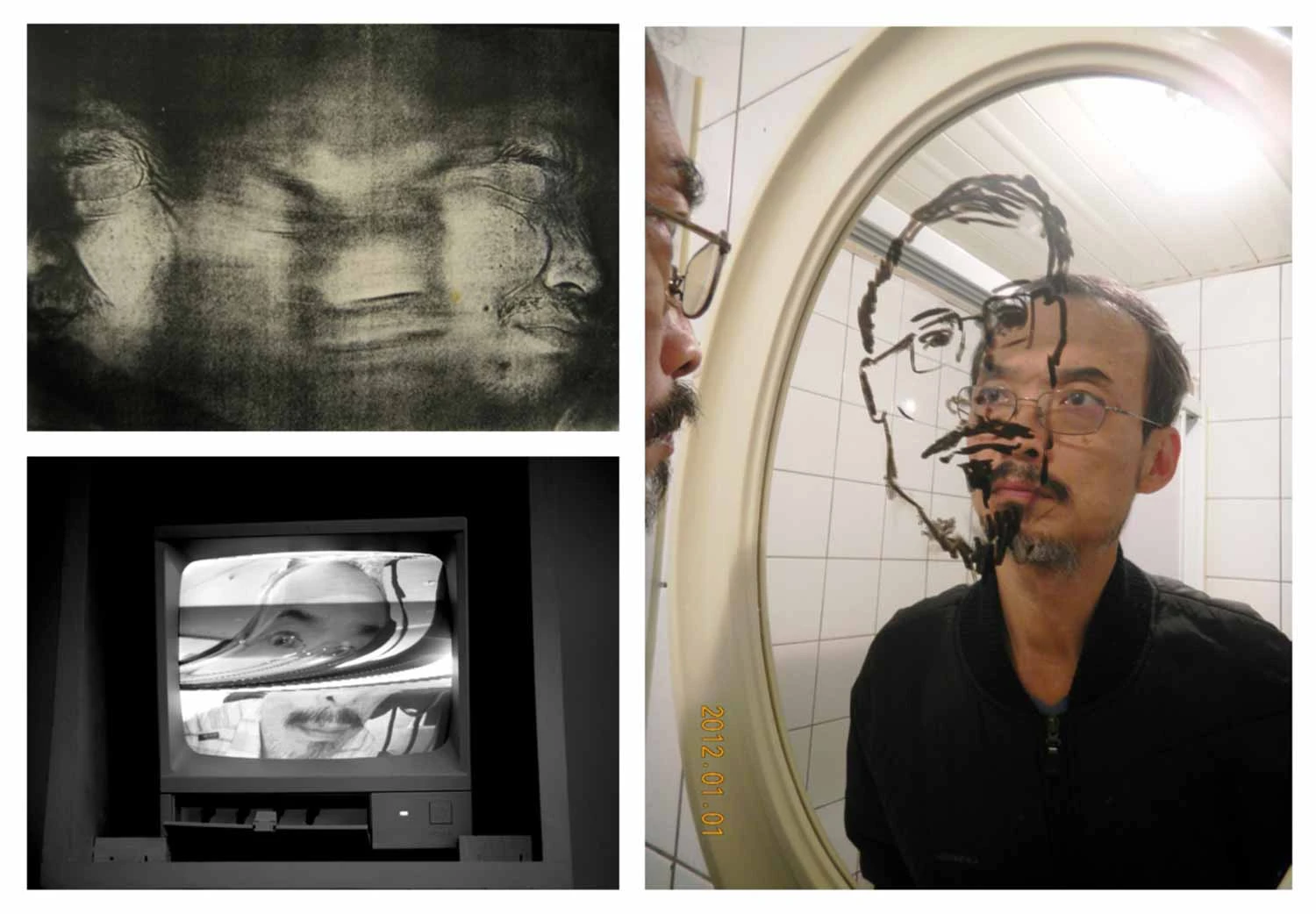 左上為影印機自印照，1979；左下為《整肅儀容》監視器螢幕，2015；右為高重黎之鏡像、圖像、影像、皮像-圖片