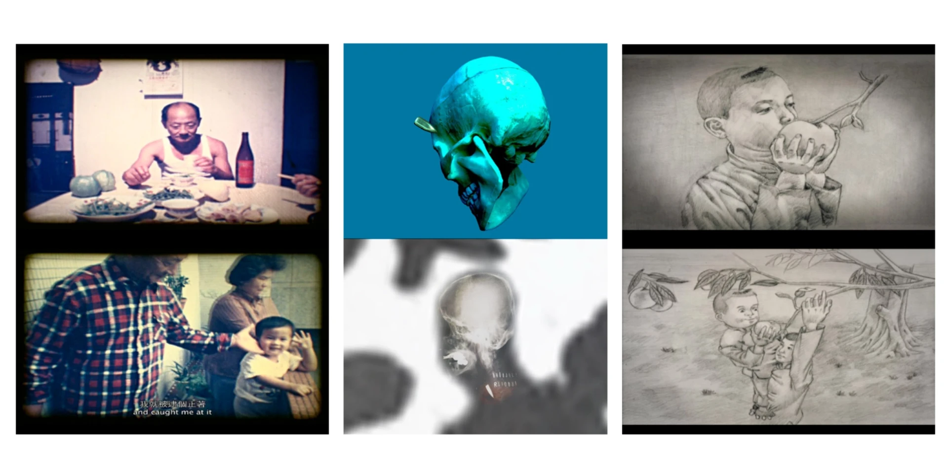 《逆旅的三段航程》，2012，單頻錄像電影，台北市立美術館收藏；作品片長41分鐘，由完成於不同時間點的三部影片所構成；分別為1987年製作的8釐米電影《家庭電影》（左）、2010年製作的幻燈簡報電影《人肉的滋味》（中）， 與2012年鉛筆繪製的動畫短片《喂！醒醒！小死孩子》（右）；參展北美館「2012台北雙年展」-圖片