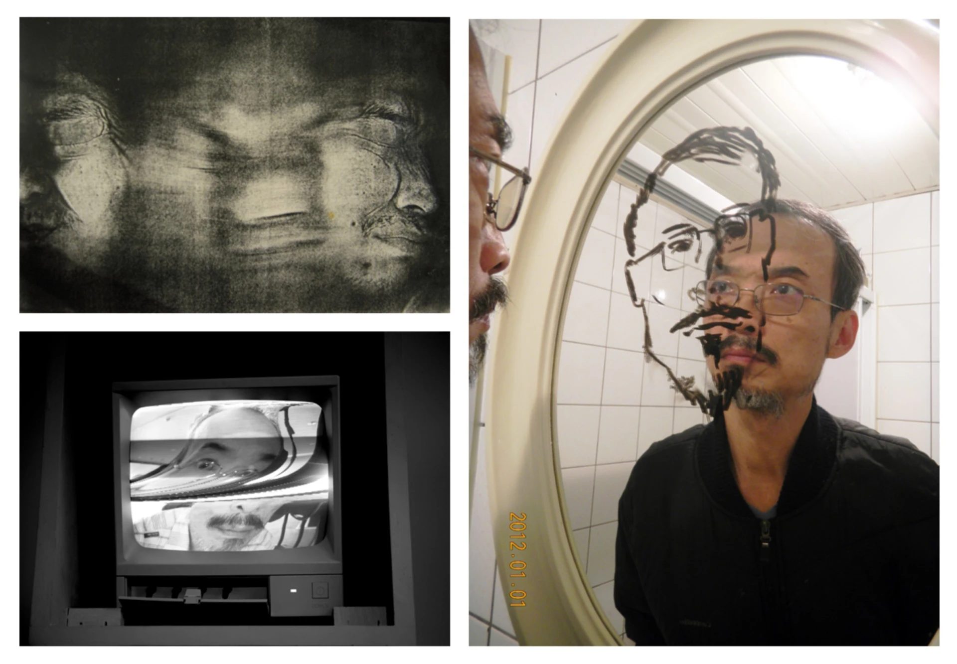 左上為影印機自印照，1979；左下為《整肅儀容》監視器螢幕，2015；右為高重黎之鏡像、圖像、影像、皮像-圖片