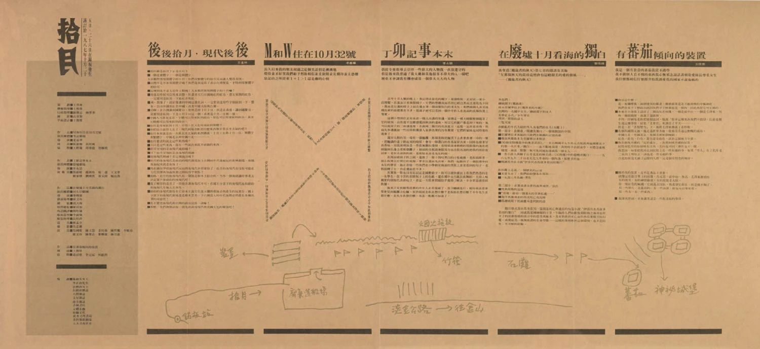 由筆記劇場、環墟劇場、河左岸劇團共同參與的《拾月》於三芝鄉錫板海邊演出，包括《在廢墟十月看海的獨白》（黎煥雄）、《丁卯記事本末》 （李永喆）、《M和W住在10月23號》（老嘉華）三齣獨劇和《有番茄傾向的裝置》（王俊傑）現場展出；《拾月》文宣，1987.10.25-26；王俊傑設計、提供-圖片