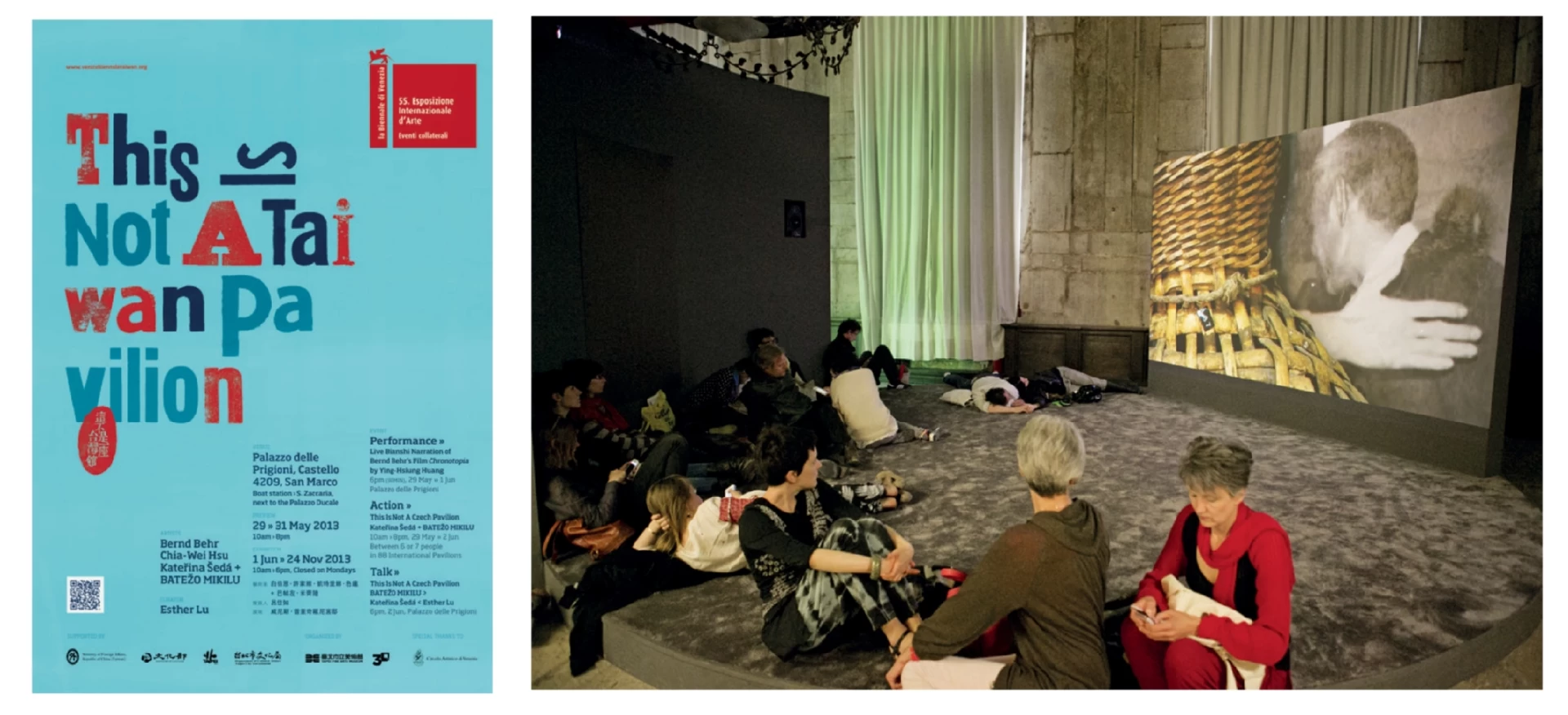 第55屆威尼斯雙年展台灣館「這不是一座台灣館」海報及展場大廳一景，白伯恩作品《時托邦》，2013.06-圖片