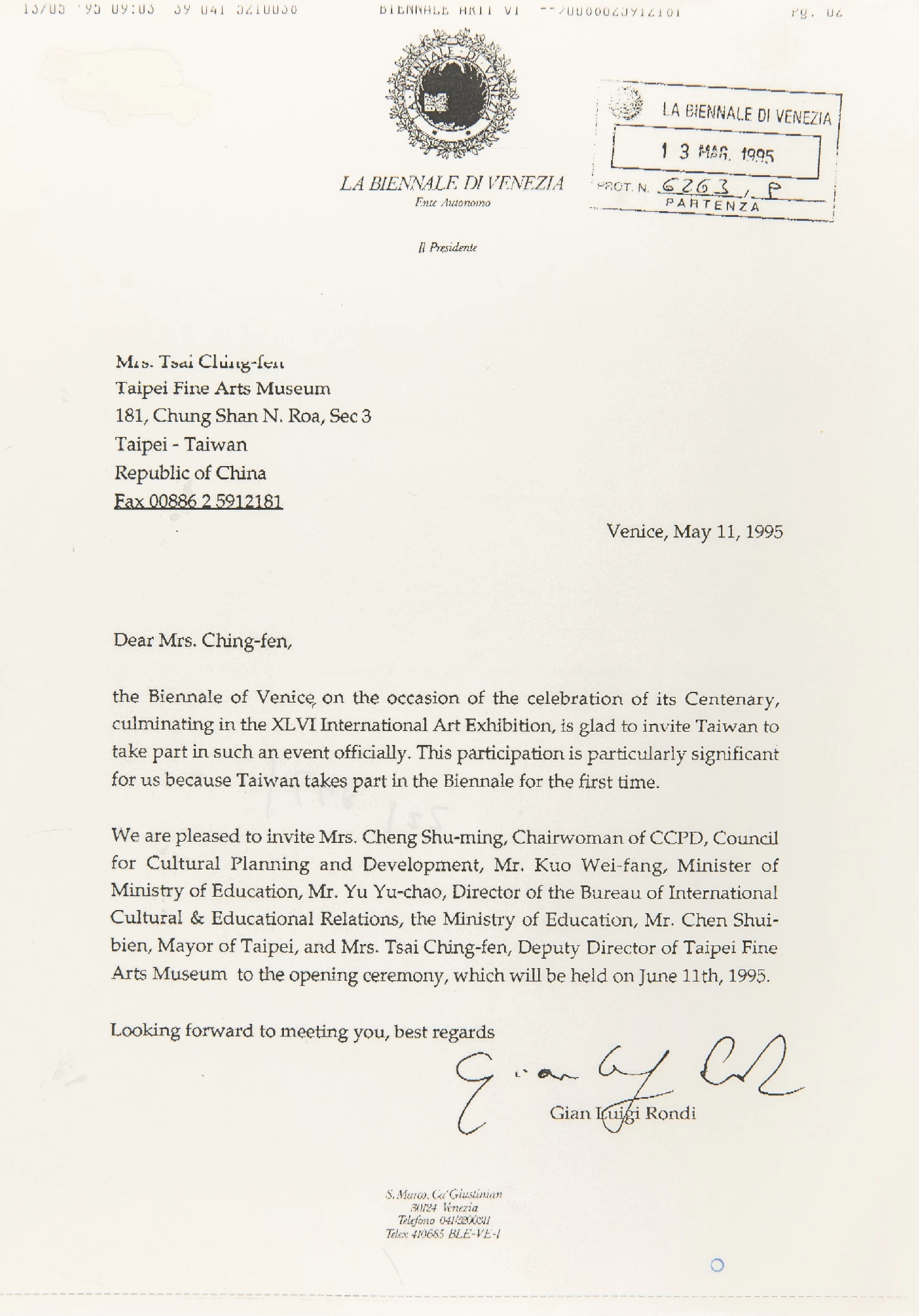 威尼斯雙年展主辦大會邀請函，邀請北美館以台灣館名義參加1995年第46屆威尼斯雙年展，1995.05.11-圖片