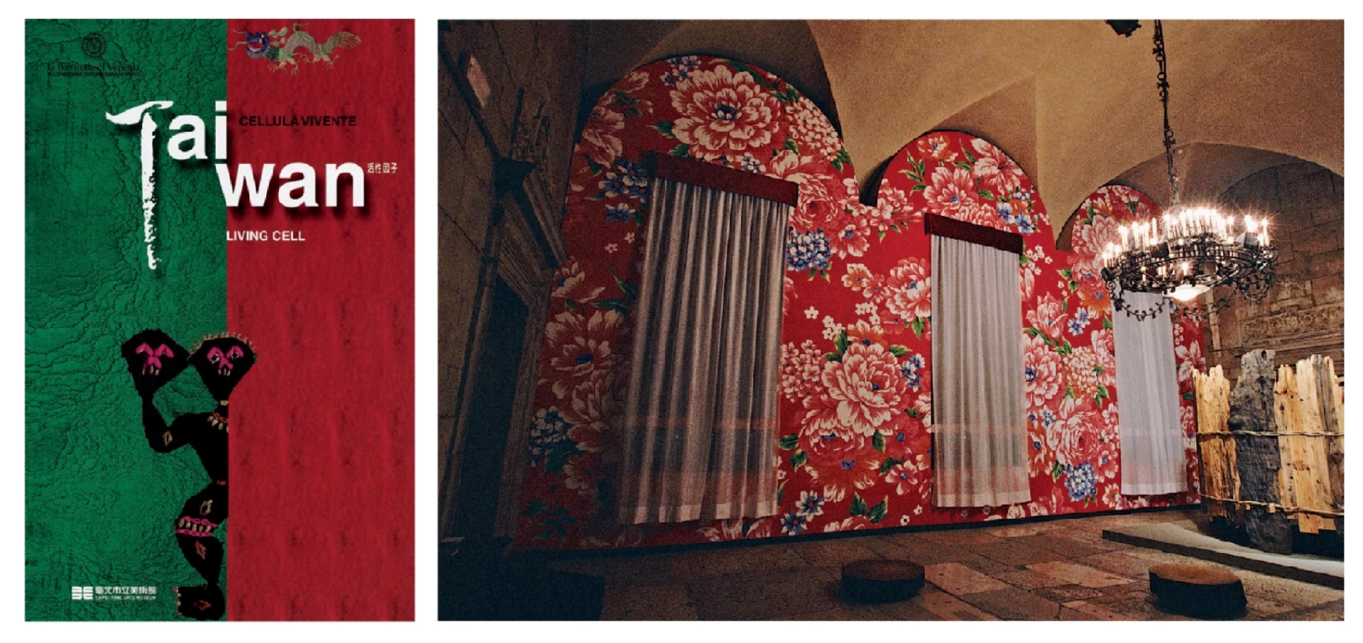 第49屆威尼斯雙年展台灣館「活性因子」海報及展場大廳一景，左為林明弘作品《普里奇歐尼宮，6月10日~11月4日，2001》，右為王文志作品《方舟》，2001.06-圖片