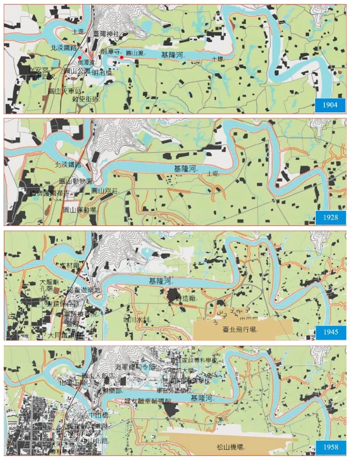 圓山地區百年地景變遷；資料來源：底圖引用自李汝容，2012；文字重新註記-圖片