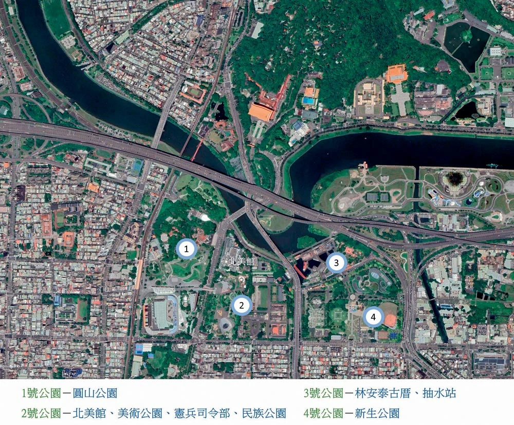 日治劃設1號至4號公園現況；資料來源：本研究繪製，底圖取自google earth-圖片