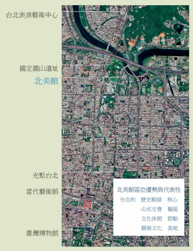 北美館的區位優勢與代表性；資料來源：本研究繪製，底圖取自google earth-圖片