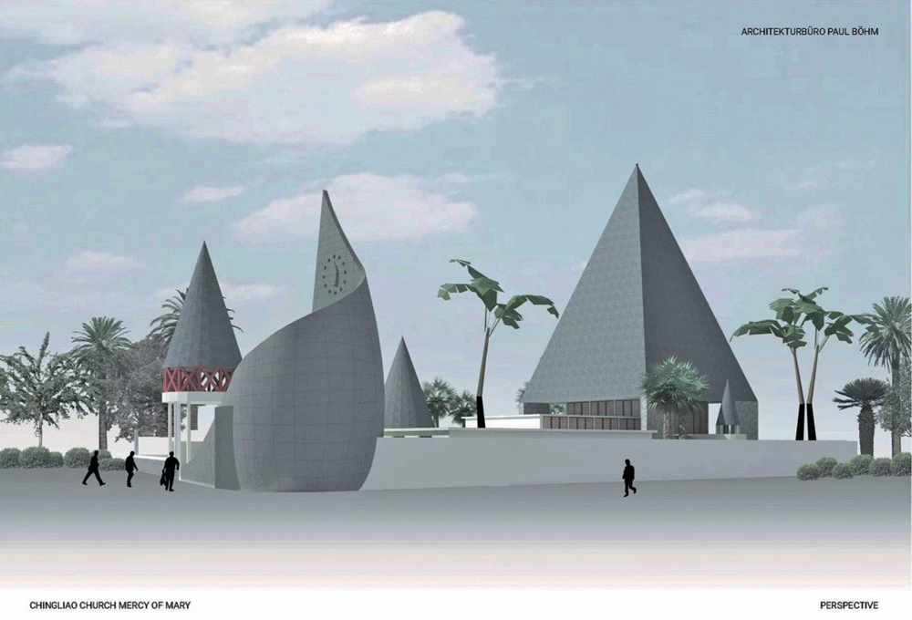 2013 年原設計者波姆的兒子保羅（Paul Bohm）受邀來台，進行修建與增建工程。在保羅的設計提案中，最醒目且引起 較多討論的就是，在入口鐘塔旁設置了一個螺旋向上形狀的小聖堂 圖片來源：徐昌志提供-圖片