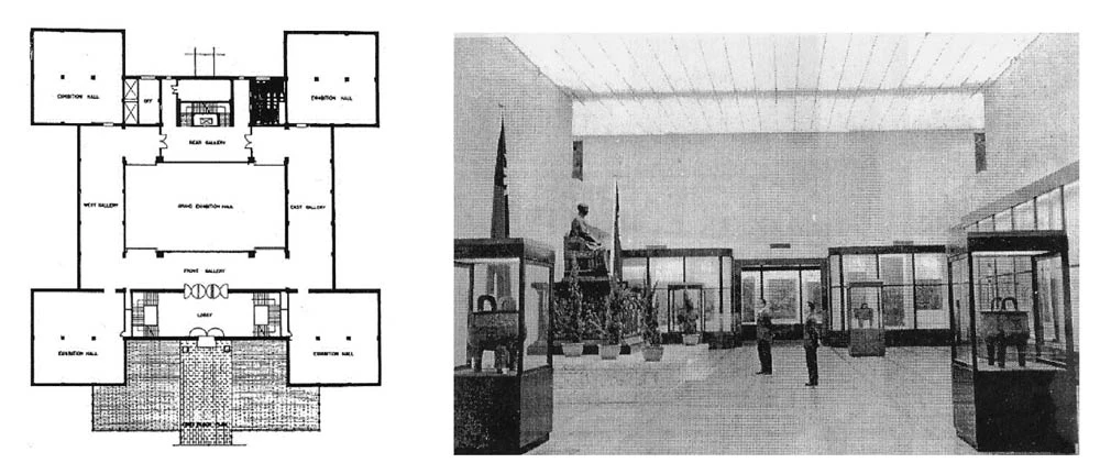 左圖為參考古代明堂的故宮博物院平面圖，以鼎器佈局，體現國民政府在政治權和文化道統的代表性。右圖為彼時故宮中央大廳現場 圖片來源：黃奕智提供-圖片
