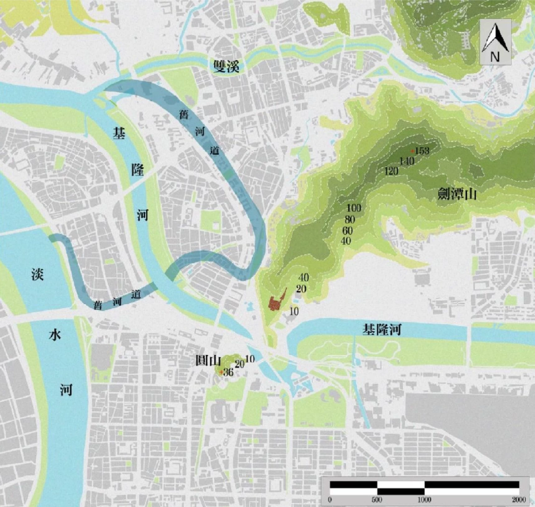 圓山地區地貌及街區紋理現況與曾經的基隆河段；資料來源：林思妤、林玠君繪製，2015-圖片