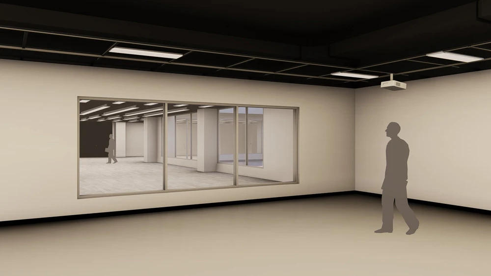 從非藏空間往修復室看的角度。透過開放修復作業櫥窗，讓預約進入非藏空間的參觀者能夠一窺藝術品修復的過程，達到庫房的公共教育功能。 圖片來源：張樞建築師事務所繪製、提供-圖片