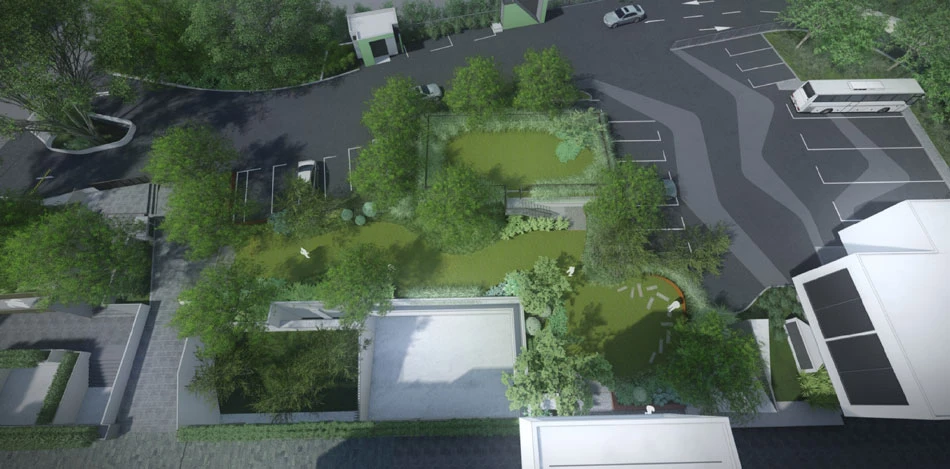 新建庫房設計地面模擬圖與全區景觀模擬圖。上圖可看見隱藏於地底下的典藏庫房與美術館本館的相對關係。庫房基地的地面作為運輸通道、行政車輛與大型遊覽車停車場之用外，盡可能維持植栽景觀，融入公園精神。 圖片來源：張樞建築師事務所繪製、提供-圖片