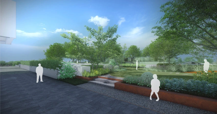 從美術館本館看向庫房基地模擬。從庫房地面臨美術館一側，形成綠色廊道，對美術館本館來說，就像是能夠休憩的小花園。 圖片來源：張樞建築師事務所繪製、提供-圖片