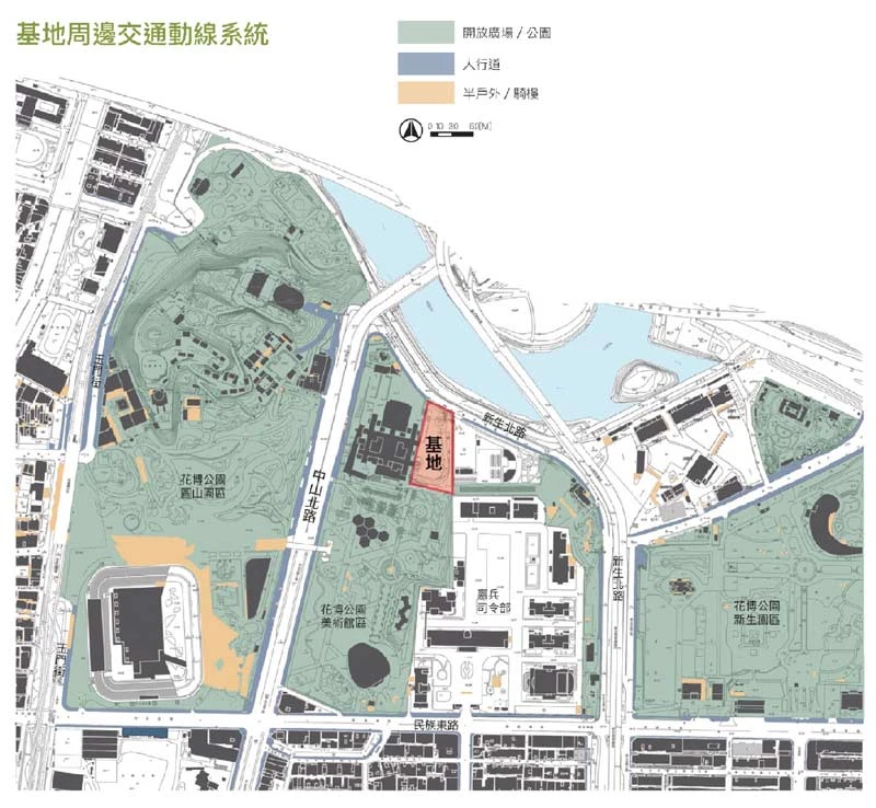 俯瞰北美館本館與新建庫房基地四周的開放空間，可以發現庫房基地坐落於沿河綠帶上， 朝東連結花博新生園區，朝西越過中山北路，則是花博圓山園區。 圖片來源：張樞建築師事務所製圖、提供-圖片