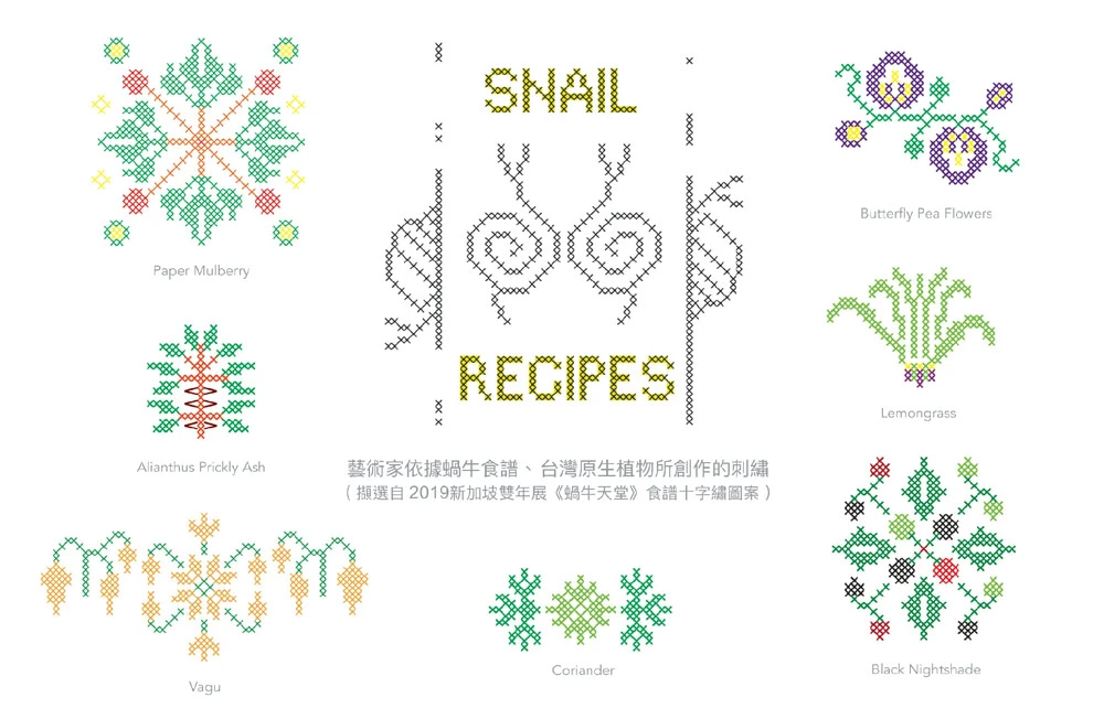 藝術家依據蝸牛食譜、台灣原生植物所創作的刺繡(擷選自2019新加坡雙年展《蝸牛天堂》食譜十字繡圖案)-圖片