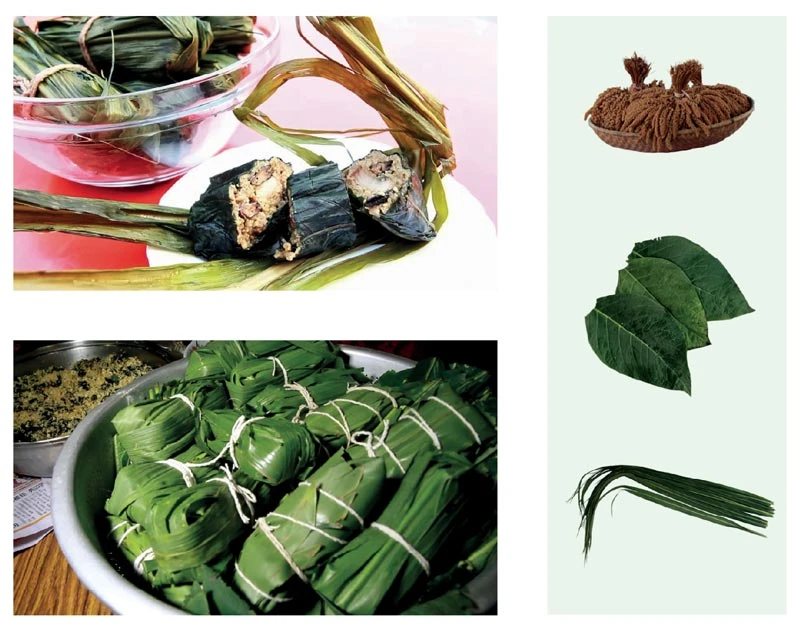 （左上）煮好後切開的cinavu，（左下）包好、準備放入鍋的cinavu，後方是餡料；（右圖）小米（vagu）：跨及許多台灣原住民族群的重要傳統作物，同時也扮演著文化信仰的中心；假酸漿葉：可與餡料一起食用的內層包葉，內含植物鹼可幫助消化，對胃相當好；芒草：用於包裹固定食物便於煮食，不可食用，也經常用在祭儀法器-圖片