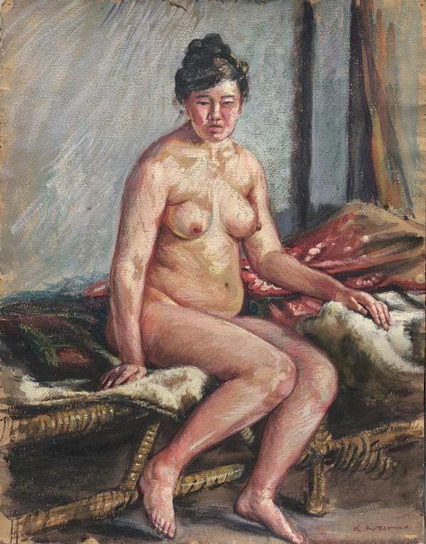 真野紀太郎，《床邊裸婦》，約1930，水彩、紙，64×50.5cm，臺北市立美術館典藏-圖片
