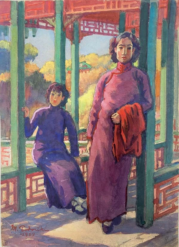 等々力巳吉，《長廊中的支那姑娘》，1939，水彩、紙，39×28cm，臺北市立美術館典藏-圖片