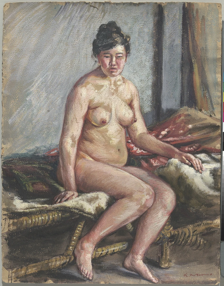 真野紀太郎，《床邊裸婦》，約1930，水彩、紙，64×50.5cm，臺北市立美術館典藏-圖片