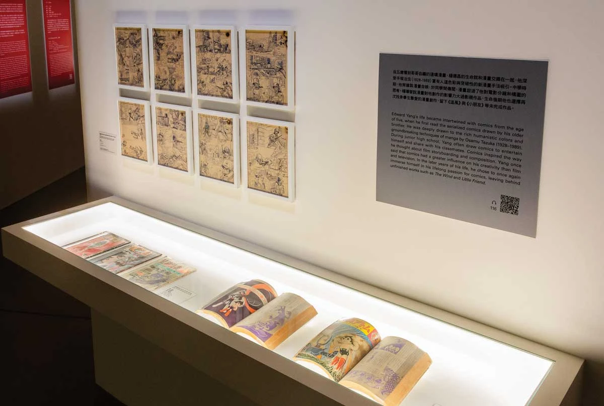 八張楊德昌青年時期漫畫手稿，於「生命沉思者」展區一景。圖片來源：臺北市立美術館-圖片