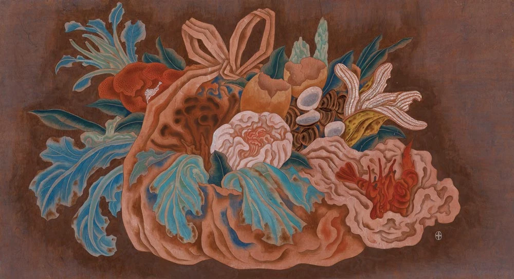 點擊觀看大圖-曾建穎,《菜渣譜—花藍圖》,2022,紙本設色、墨、礦物顏料,77.5×142公分,私人收藏 曾建穎,《菜渣譜—花藍圖》,2022,紙本設色、墨、礦物顏料,77.5×142公分,私人收藏-圖片