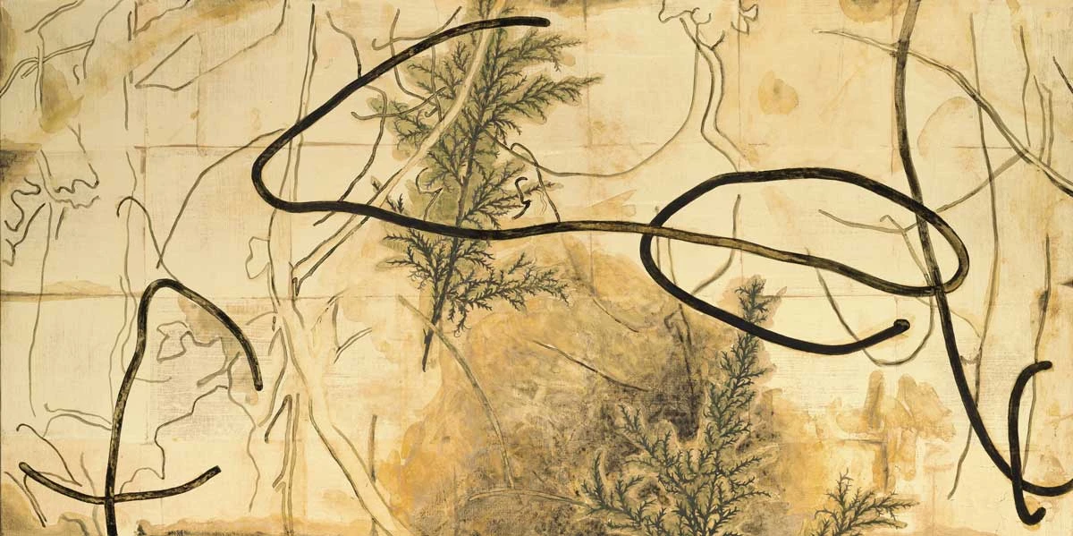 蘇煌盛，《萬物生長》，2019，礦物顏料、壓克力、金屬箔、畫布，45×90公分-圖片