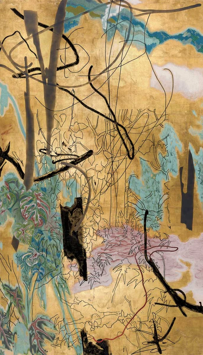 蘇煌盛，《萬物生長之十二》，2022，壓克力、礦物顏料、金屬箔、畫布，240×140公分，桃園市立美術館典藏-圖片