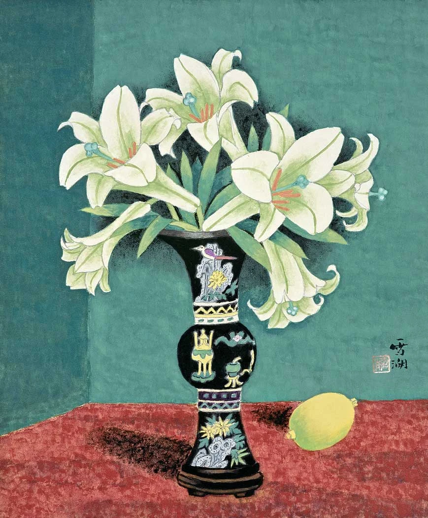 郭雪湖，《百合花》，1997，膠彩、紙，55×46.5公分，郭雪湖基金會授權提供／私人收藏-圖片