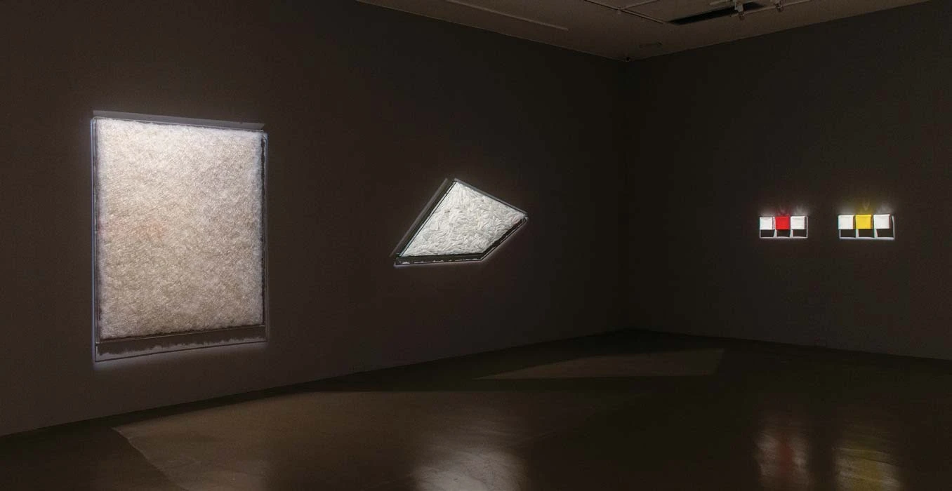 點擊觀看大圖-陳慧嶠展區;(左)《默照》,1992,針、銀蔥線、樹脂棉,148×179×7公分;(中)《似停非停》,1997,玻璃、白羽毛,120×210×5.8公分;右為洪藝真作品《無題(紅)》(2011)與《無題(黃)》(2011) 陳慧嶠展區;(左)《默照》,1992,針、銀蔥線、樹脂棉,148×179×7公分;(中)《似停非停》,1997,玻璃、白羽毛,120×210×5.8公分;右為洪藝真作品《無題(紅)》(2011)與《無題(黃)》(2011)-圖片