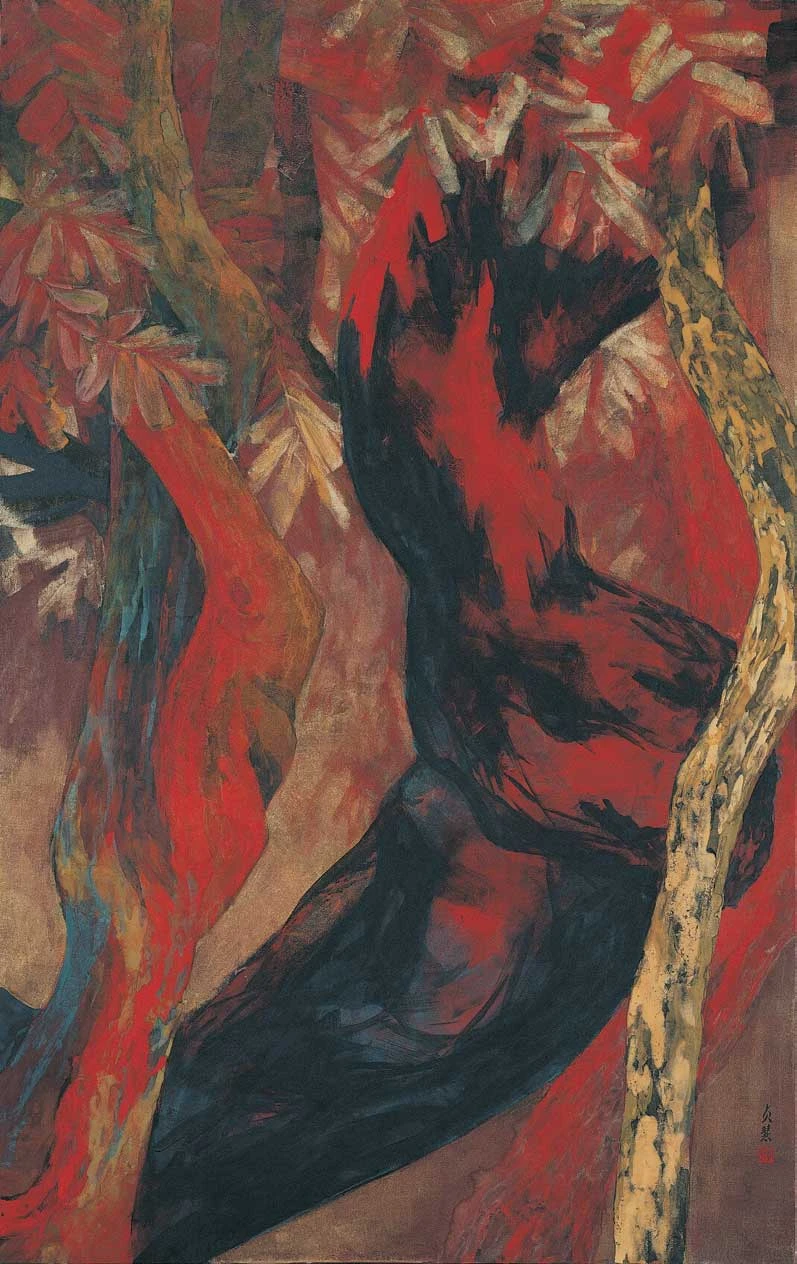 點擊觀看大圖-李貞慧,《紅藤》,1991,動物膠、彩料、銀箔、紙本,146×91公分,高雄市立美術館典藏 李貞慧,《紅藤》,1991,動物膠、彩料、銀箔、紙本,146×91公分,高雄市立美術館典藏-圖片