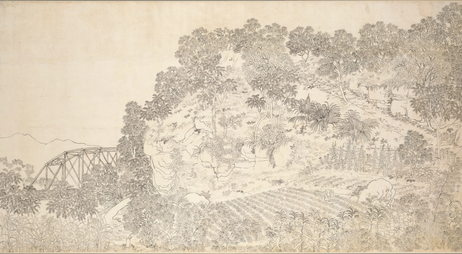 郭雪湖，《圓山附近》（底稿），墨、紙，1927，96×180公分，臺北市立美術館典藏。-圖片