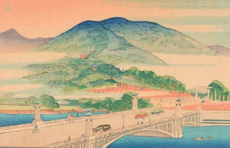 鄉原古統描繪臺灣神社與明治橋，1935，始政第四十週年紀念繪葉書，13.9 × 8.9公分。圖片來源：國立臺灣歷史博物館提供-圖片