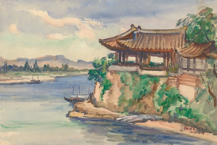 陳英聲，《平壤練光亭》，1928，水彩、紙，38×54.2公分，陳英聲家屬收藏。-圖片