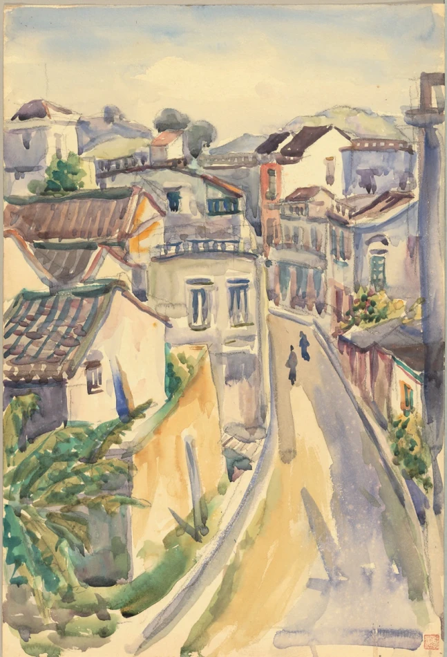 倪蔣懷，《廈門裏町》，1939，水彩、紙，48 × 32.5公分，臺北市立美術館典藏。-圖片