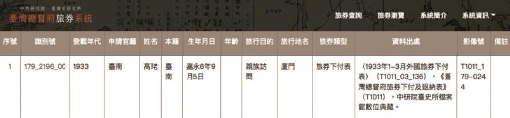 1899-1933年，高珯頻繁前往廈門，進行商業交流、親戚訪問。圖片來源：「臺灣總督府旅券系統」-圖片