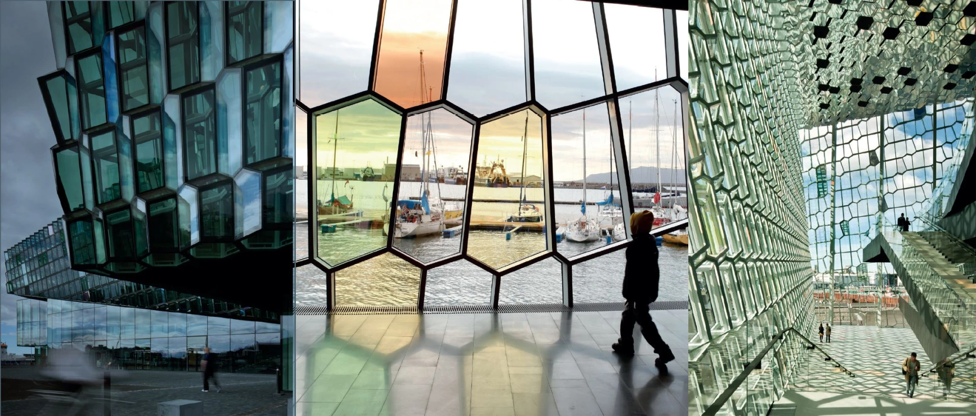 「哈帕音樂廳」（<i>Harpa Concert Hall</i>）室內、室外一景。<i>Façade for Harpa Reykjavik Concert Hall and Conference Centre</i>, 2005-2011. Reykjavik, 2010. Photo: Nic Lehoux(Left) / Olafur Eliasson(Middle) / Nic Lehoux(Right). Courtesy of Eignarhaldsfélagi ∂ Portus Ltd., Reykjavik, Iceland. © 2013 Olafur Eliasson.-圖片