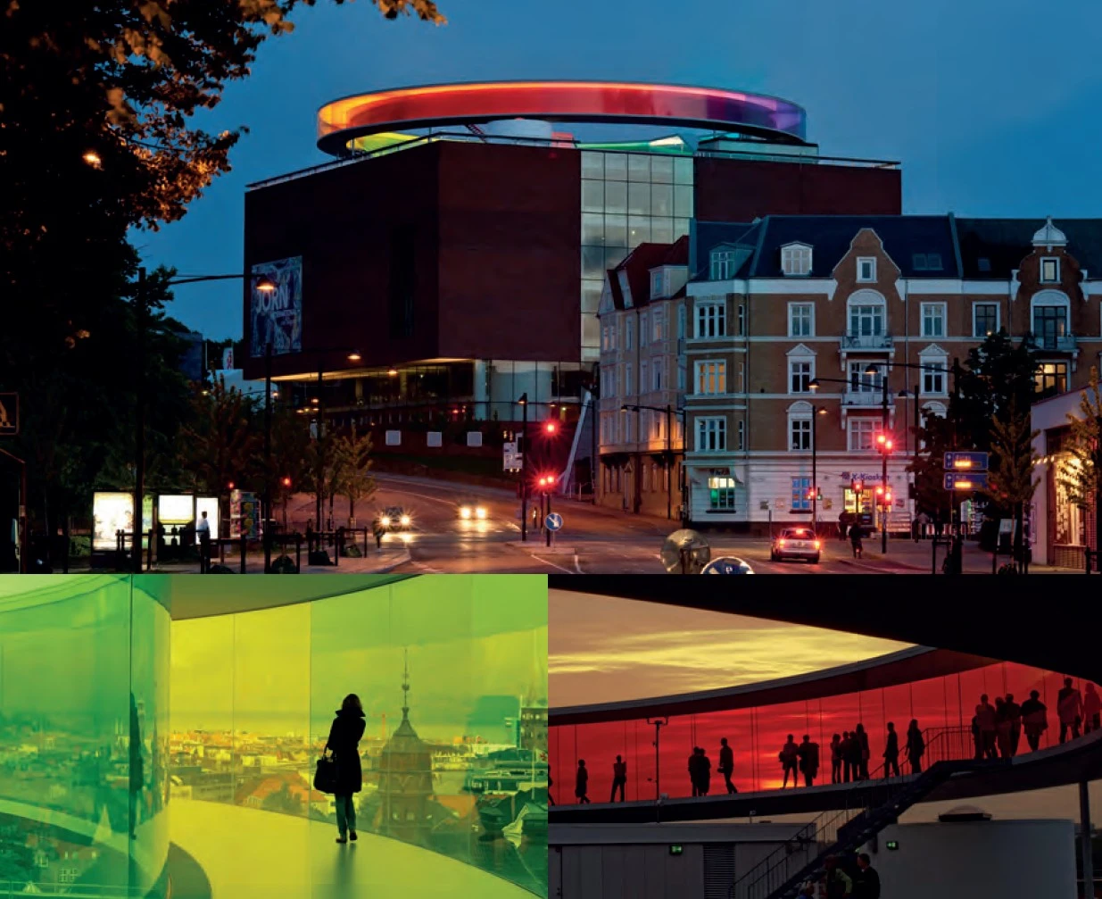 丹麥奧胡斯藝術博物館（ARoS Aarhus Kunstmuseum) 頂樓的《你的彩虹全景》（Your rainbow panorama），2006-2011，室內、室外一景；攝影：Thilo Frank( 左下圖)、Ole Hein Pedersen( 上圖及右下圖) ARoS Aarhus Kunstmuseum, Denmark, 2011 Courtesy of ARoS Aarhus Kunstmuseum, Denmark © 2011 Olafur Eliasson.-圖片