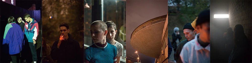 圖由左至右為托比亞斯．茲耶羅尼 （Tobia s Zielony），《偽裝（基輔）》：〈遠離〉、〈男人〉、〈閃耀〉、〈幽浮〉、〈模特兒〉、〈光線〉（<i>Maskirovka in Kyiv: Away, Man, Shine, UFO, Model, Light</i>），2017，噴墨印刷，每幅 84×56公分，藝術家及 KOW Berlin 版權所有。-圖片