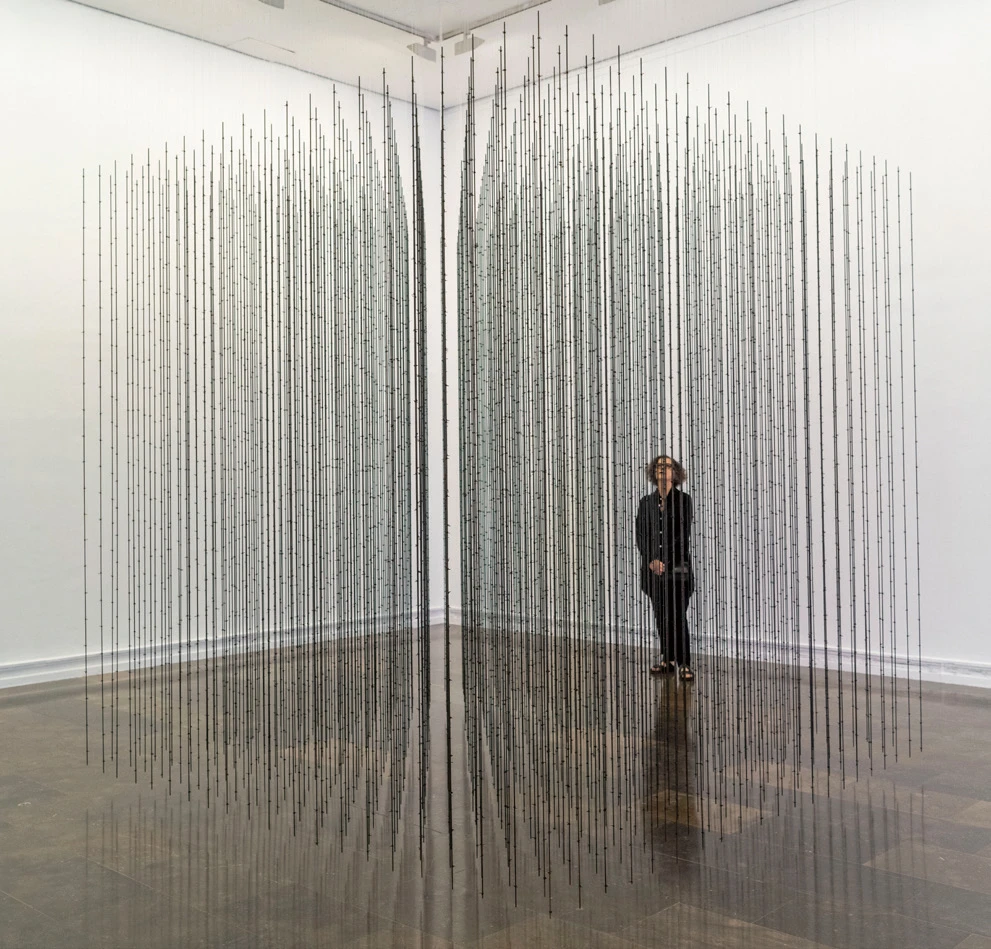 莫娜．哈透姆（Mona Hatoum），<i>Impenetrable</i>， 2009，黑色鋼材、釣魚線，300×300×300公分。「Mona Hatoum」展覽， 2021年4月16日至9月12日，Institut Valencià d'Art Modern。Miguel Lorenzo攝影；圖片來源：https://commons.wikimedia.org/wiki/File:Mona_Hatoum_-_IVAM_-_06.jpg-圖片