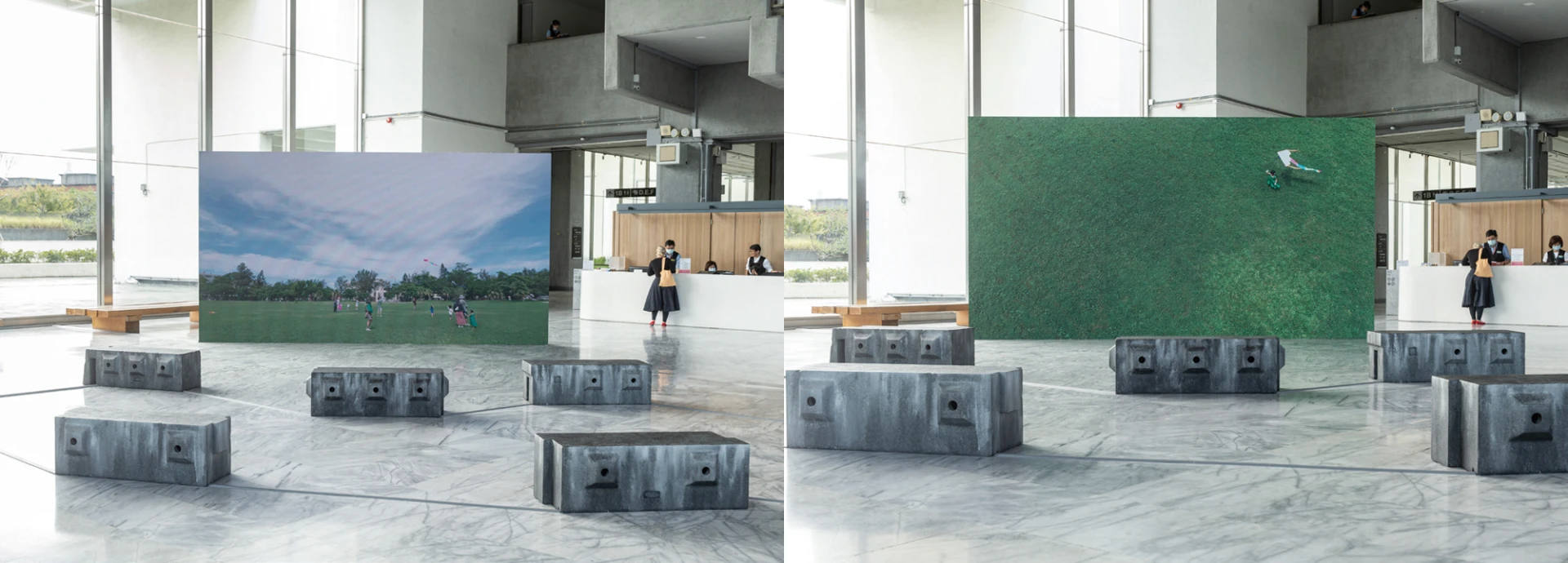 邱子晏，《偽飛行場》，2025，零式戰鬥機複製品搭配顯示器、影片、碉堡造型之音聲座椅，15分鐘，1200×900×300公分，120×45×40公分，藝術家版權所有，由 2025台北雙年展委託製作。2025台北雙年展展覽現場。-圖片