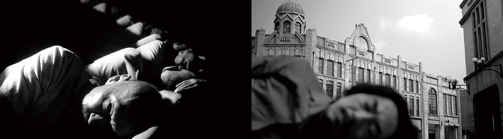 王耀億，《合拍片》，2025，錄像截圖，雙頻道錄像、黑白、同步、燈光裝置、投影機、喇叭，20分鐘，1920 × 1080 (HD)，藝術家版權所有，由2025台北雙年展委託製作。-圖片